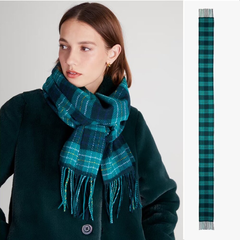 Kate Spade New York Greenhouse Plaid Woven Scarf 100% Wool 8 x 105" Long NEW